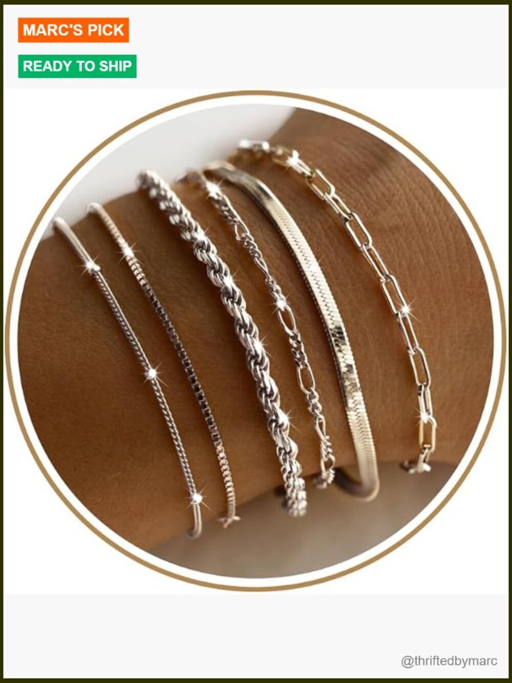 6-Piece Sterling Silver Plated Bracelet Set - Dainty Link Chain Bracelets for